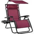 Folding Zero Gravity Outdoor Recliner Patio Lounge Chair w/Adjustable Canopy Shade Headrest Side Accessory Tray Textilene Mesh - Burgundy