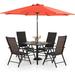 & William Outdoor 6 Pieces Dining Set with 4 Rattan Chairs 1 Metal Table and 1 10ft 3 Tier Auto-tilt Umbrella(No Base) Orange Red Modern Patio Furniture for Poolside Porch Patio