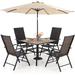 & William Outdoor 6 Pieces Dining Set with 4 Rattan Chairs 1 Wood-Like Metal Table and 1 10ft 3 Tier Auto-tilt Umbrella(No Base) Red Modern Patio Furniture for Poolside Porch Pati