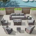 Gotland 10PCS Outdoor PE Rattan Wicker Patio Furniture Set with 43 Fire Pit Table & Swivel Rocking Chairs Set Gray