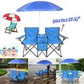 Goorabbit Beach Chairs 2-Seats Anti-UV Umbrella Folding Outdoor Chair with Table Cooler for Beach Patio Picnic Camping-Blue