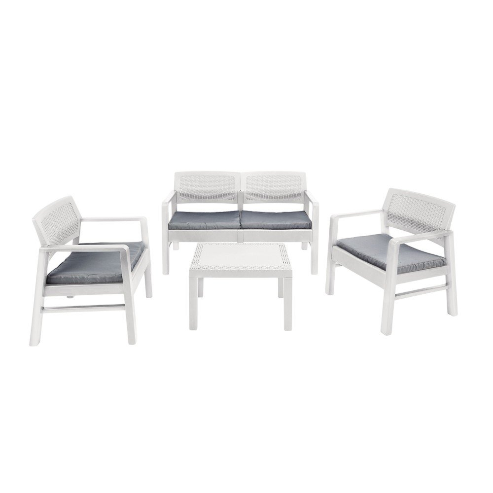 Dmora Outdoor-Lounge-Set Carpi, Gartengarnitur mit 2 Sesseln, 1 Sofa und 1 Couchtisch, Sitzecke in Rattan-Optik mit Kissen, 100 % Made in Italy, Weiß Image