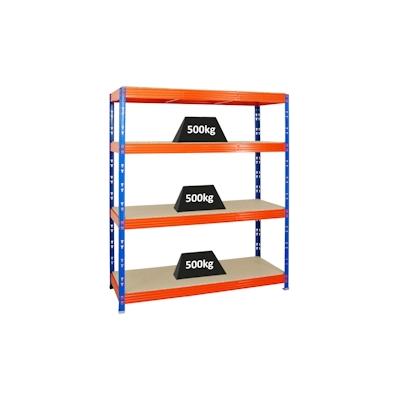PROREGAL Profi Schwerlastregal RHINO | HxBxT 180x160x60cm | 4 Spanplatten-Ebenen 16mm | Fachlast 500kg | Blau/Orange | Stecksystem Lagerregal Image