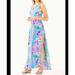 Lilly Pulitzer Pants & Jumpsuits | Lilly Pulitzer Maxi Donna Dress Romper Womens 6 Blue Side Slit Floral Sleeveless | Color: Blue/Pink | Size: 6