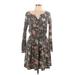 French Grey Casual Dress - Mini V-Neck Long sleeves: Gray Floral Dresses - Women's Size Large