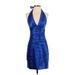 BCBGMAXAZRIA Cocktail Dress - Party Halter Sleeveless: Blue Print Dresses - Women's Size 4