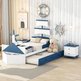 3-Pieces Bedroom Sets, Twin Size Boat-Shaped Platform Bed with Trundle & 2 Nightstands for Boys Girls Kids' Room Bedroom, Blue