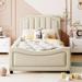 Upholstered Twin Daybed Frame for Kids, Velvet Twin Platform Bed with Classic Stripe Shaped Headboard, Wood Twin Sofa Bed, Beige