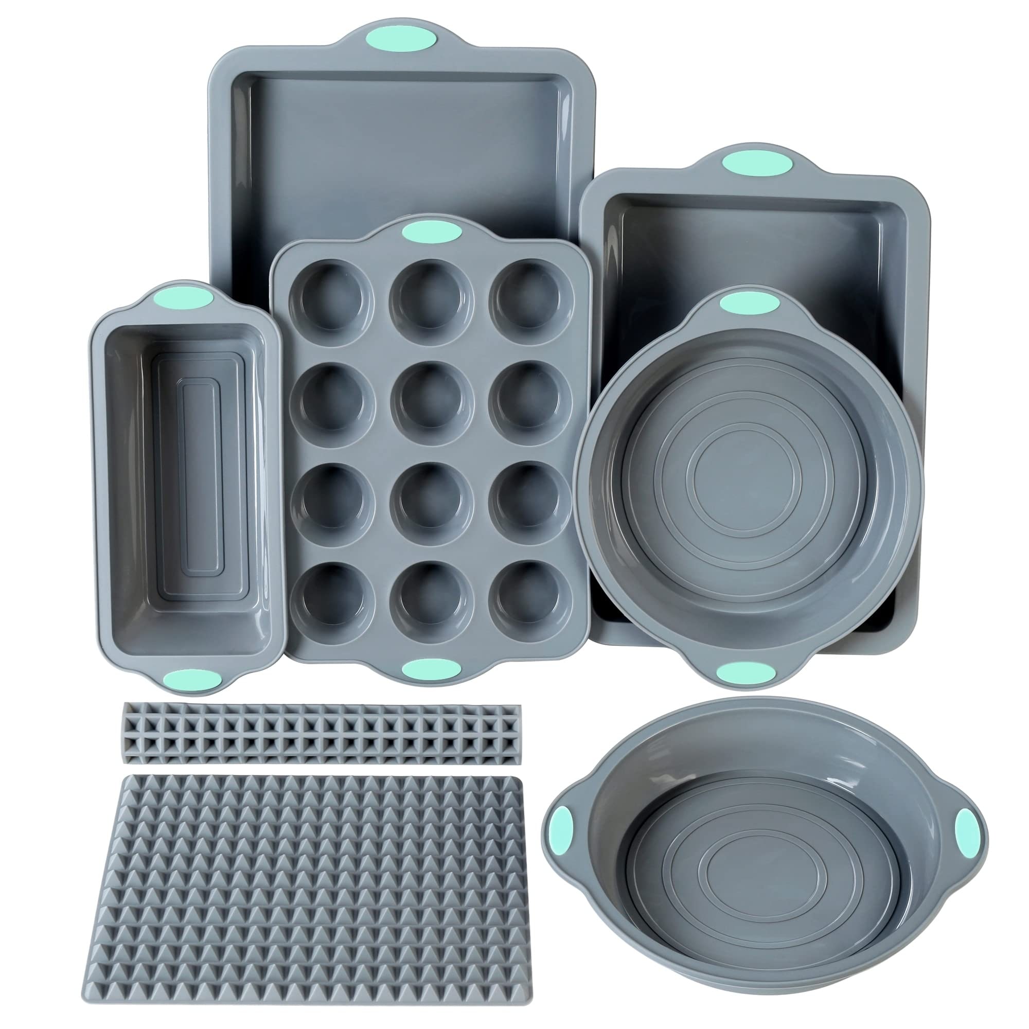 8 in 1 Silicone Baking Set - 6 Silicone Molds - 2 Silicone Baking Mat, Nonstick Cookie Sheet, Cake Muffin Bread Pan