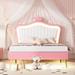 Full Size Upholstered Platform Bed with LED Lights, Modern Upholstered Princess Bed With Crown Headboard, Wooden Slat Support