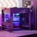 Wood Twin/Full Size Gaming Loft Bed with Desk and LED Light, Kids Loft Bed Frame with Storage Shelves, Drawer & Charging Station