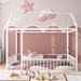 Twin Montessori Floor Bed, Metal House Bed Frame Montessori Beds with Fence Rails,Kids Playhouse Beds for Girls Boys Teens,White