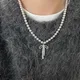 Cute Y2K Aesthetic Bowknot Pendant Necklace for Women Goth Harajuku Grey Pearl Beaded Rope Chain