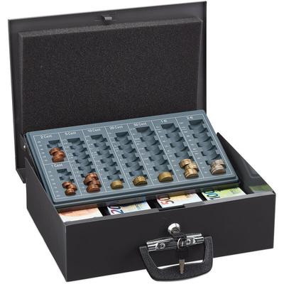 Geldkassette abschließbar, Münzzählbrett & 4 Scheinfächer, Geldkasse Eisen, HxBxT: 11,5 x 36 x 28,5