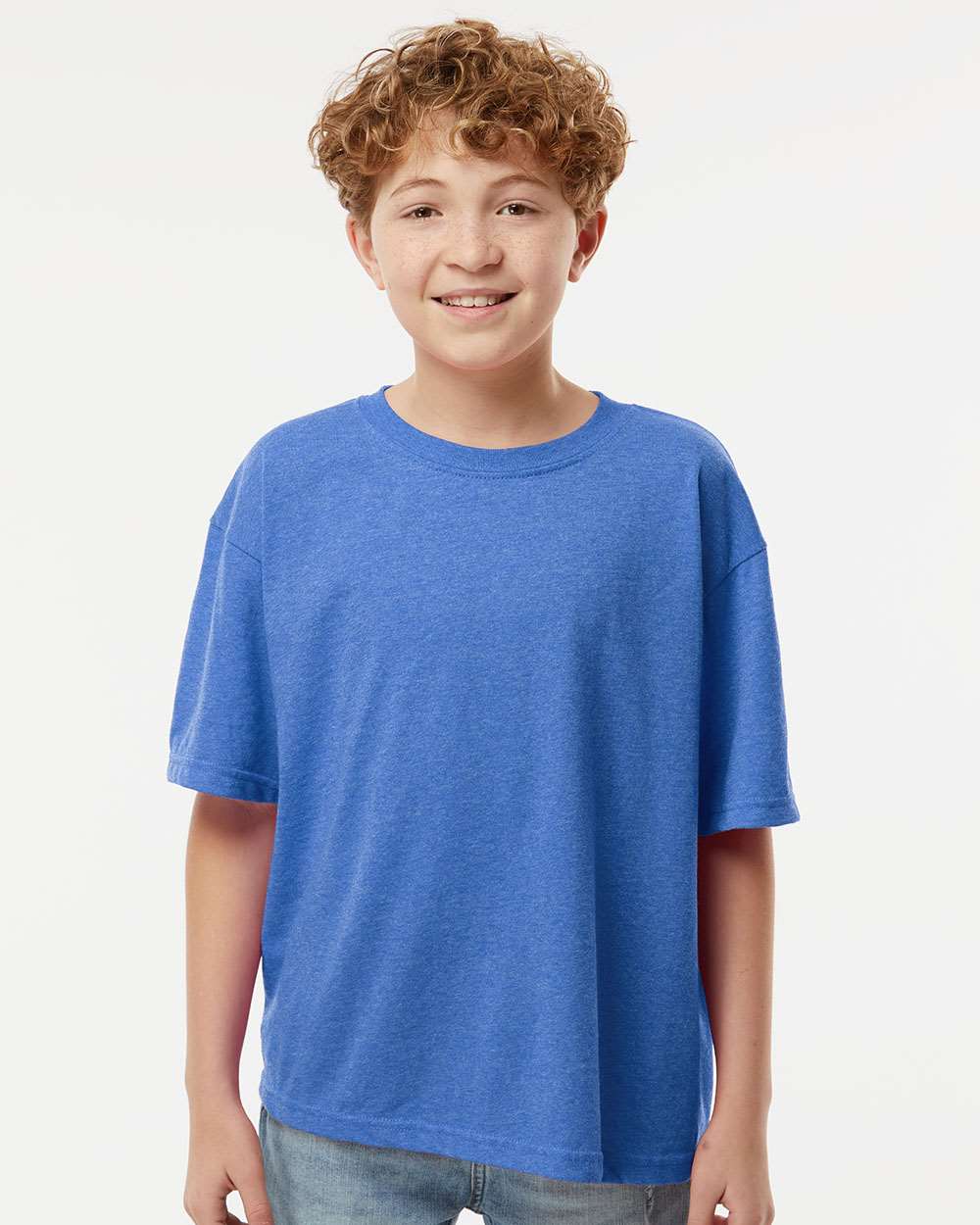 M&O MO4850 Youth Gold Soft Touch T-Shirt in Heather Royal Blue size Large | Cotton 4850