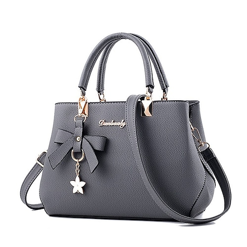 Damenhandtasche aus Kunstleder mit Henkel und Schleifenanhänger, elegante, strukturierte Umhängetasche fürs Büro, zum Einkaufen und für den täglichen Gebrauch