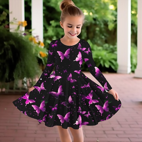 Mädchen' 3D Graphic Schmetterling Kleid Langarm 3D-Druck Sommer Herbst Sport Natur Täglich Festtage Kuschelig Brautkleider schlicht Schön kinderkleidung 3-12 Jahre Casual kleid A Linie Kleid Übers Image