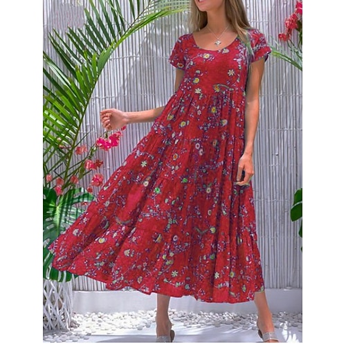 Damen EU- / US-Größe kleid lang Schaukelkleid Abgestuftes Kleid Boho-Kleid Tropisch Boho Heim Festtage Regular Fit Blumen Ditsy Blumig Kurzarm Rundhalsausschnitt Wein Blau Grün Sommer Herbst Image