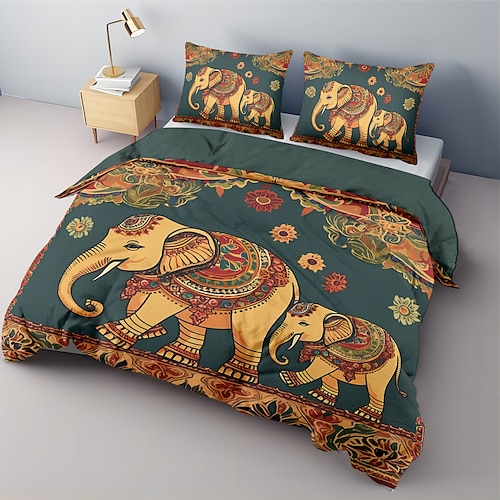 Buntes Elefanten-Bettbezug-Set, Baumwolle, Baumwoll-Bettwäsche-Set, 2-teilig, 3-teilig, leichtes, weiches, kurzes Plüsch-Set, indianischer Stil, Volkskunst, King-Queen-Bettbezug Image