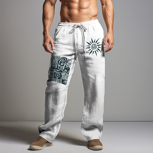 Herren Grafik Sonne Stammes Hosen Hose Mittlere Taille Vintage Urlaub Alltagskleidung Ausgehen Frühling Herbst Schwarz Weiß Khaki Image