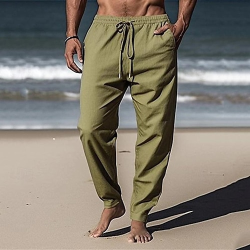 Herren Leinenhose Hose Hosen Sommerhosen Strandhose Tasche Kordelzug Elastische Taille Glatt Komfort Atmungsaktiv Täglich Festtage Urlaub Hawaiianisch Boho Weiß Grün Image