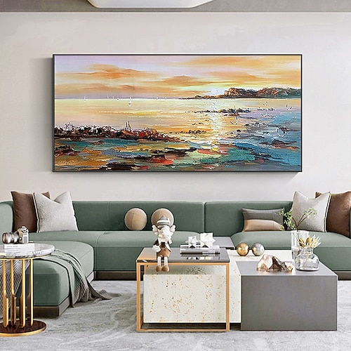 Handgefertigtes Ölgemälde auf Leinwand, Wandkunst, Dekoration, abstrakte Meereslandschaft, buntes Meer, Sonnenuntergang für Wohnkultur, gerollt, rahmenlos, ungedehnt Image