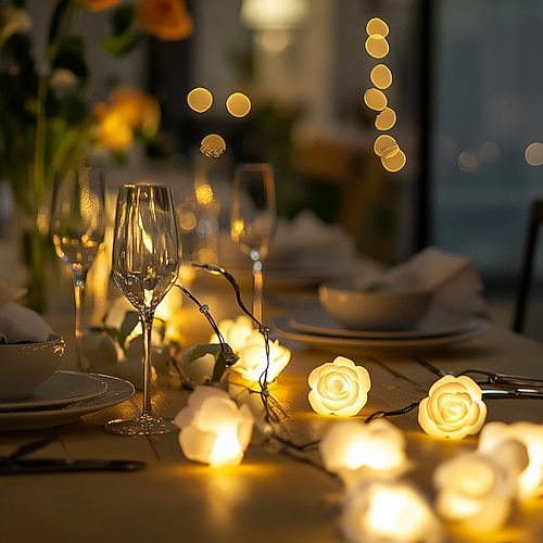 Rosen-Lichterkette, 1,5m, 3m, 6m, 10/20/40LEDs – warmweiße, mehrfarbige, batteriebetriebene Dekorationslichter für Valentinstags-, Hochzeits- und Silvesterpartys im Freien Image