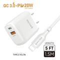Super Fast Wall Charger and Type C to Lightning Cable QC 3.0 + PD 20W Combo Wall Adapter Fast Charging Dual Ports with Single Cable Lightning (1.5M / 5FT) [ White ]