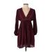 Earthbound Trading Co. Casual Dress - Mini V-Neck 3/4 sleeves: Burgundy Solid Dresses - Women's Size Small