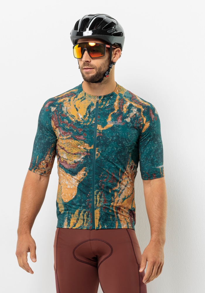 Fahrradjacke JACK WOLFSKIN "GRAVEX PRINTED FZ S/S M", Gr. S (48), bunt (strata, emerald), OBERSTOFF: 82% POLYESTER, 18% ELASTHAN; LINING: 100% POLYESTER, Jacken Image