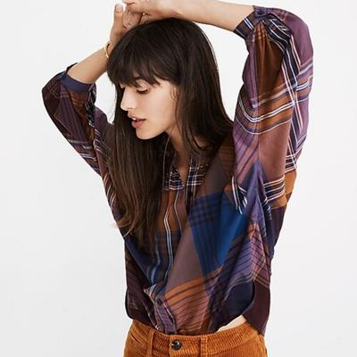 Madewell Tops | Madewell Xs Plaid Peasant Top | Color: Blue/Orange | Size: Xs