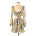 WAYF Casual Dress - Mini Plunge Long sleeves: Yellow Floral Dresses - Women's Size Small