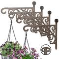 Set of 4 Hanging Basket Brackets Heavy Duty Outdoor Cast Iron Plant Hanger Hooks Brown Ornate Scrolled Wall Mounted Vintage Style Garden Décor Lantern Bird Feeder Planter Hook