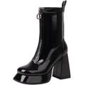 Women Square Toe Platform GoGo Ankle Boots Chunky Heel Patent Leather Front Zip High Heel Booties(Black,UK Size 3.5)