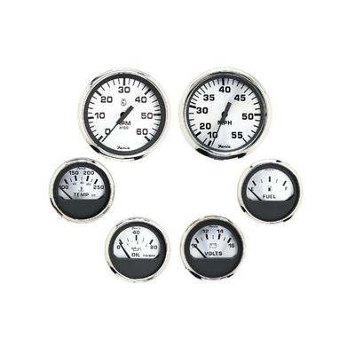 Faria Beede Instruments Spun Silver Box Set of 6 Gauges f/ Inboard Engines - Speed Tach Voltmeter Fuel Level Water Temperature & Oil KTF0184