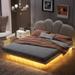 Full PU Leather Floating Platform Bed, Soft Foam Headboard, Solid Pine Frame, LED Lights