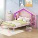 Full Size Platform Bed with House-shaped Storage Headboard, Wooden Bed with Built-in LED, Kid's Bed with Support Legs, Pink
