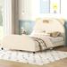 Full Size Velvet Platform Bed with Bear-Shaped Headboard, Upholstered Bed with Embedded Light Stripe for Bedroom, Beige