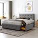 Contemporary Linen Upholstered Platform Bed, Tufted Headboard, 4 Store Drawers, Queen Size