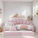 Full Size Daybed Frame with Shall Shaped Backrest, Upholstery Bed with Trundle, Pine Wooden Bed with Arm, Pink