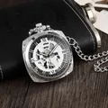 Silver Roman Numeral Square Dial Mechanical Hand Winding Pocket Watch Open Face Elegant Retro