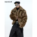 Mauroicardi Winter Short Thick Warm Brown Hairy Soft Faux Fur Coat Men with Turn-down Collar Long