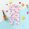 Baby Short Sleeve One-Piece Swimsuit Baby Girl Dinosaur Coconut Tree Back Zipper Design Summer Pink