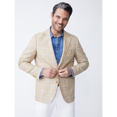 J.McLaughlin Men's Lisbon Linen Blazer in Window Pane White/Tan/Blue, Size 40 | Cotton/Linen