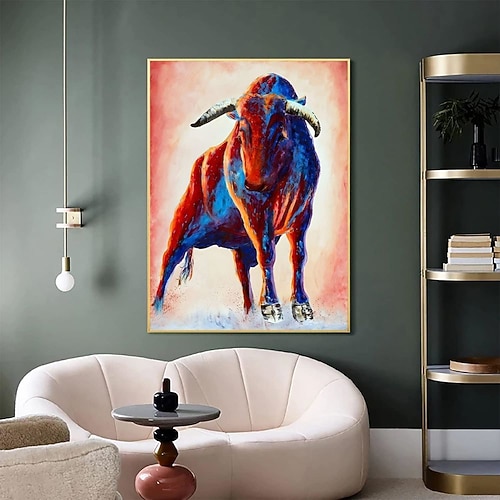 Handgefertigtes Ölgemälde auf Leinwand, Wandkunst, Dekoration, moderner abstrakter Tierbulle für Heimdekoration, gerolltes, rahmenloses, ungedehntes Gemälde Image