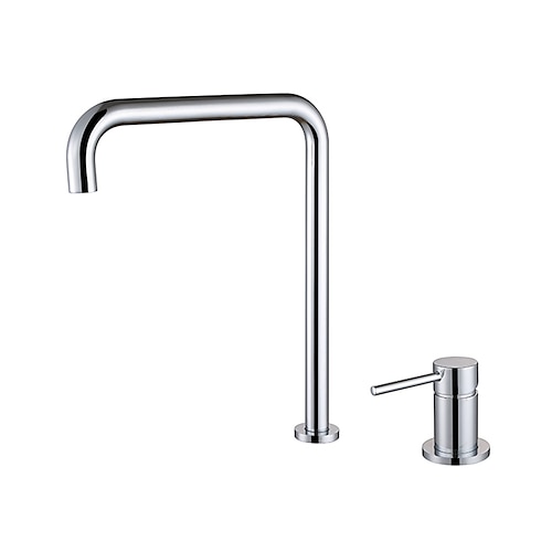 Minimalistischer Waschtisch-Waschbecken-Wasserhahn in Chrom und Schwarz, mittig angeordneter, hoher Bogen-Waschtischhahn mit einem Griff und zwei Löchern und Schalter für heißes und kaltes Wasser, Image