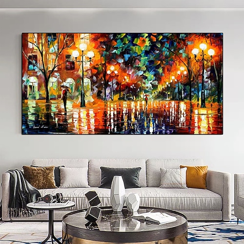 Ölgemälde, handgemalt, 3D-Ölgemälde, handgemalt, Spachtel, Straßenlaterne, blaue Lichter, Malerei, Heimdekoration, Leinwand, Wandkunst, Malerei, Liebhabergemälde Image