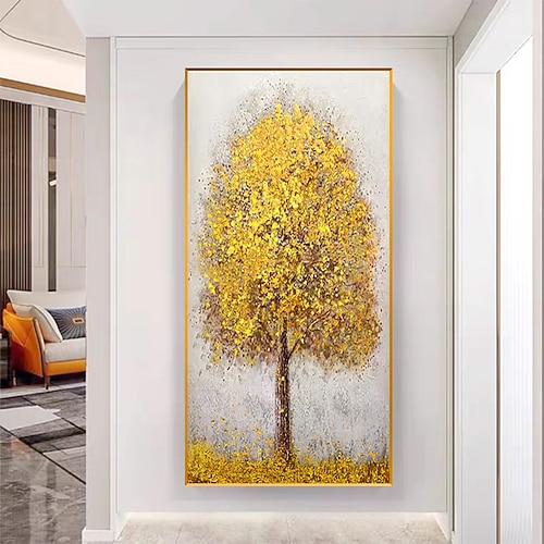 Mintura handgefertigte silberne Baum-Landschaftsölgemälde auf Leinwand, Wandkunst, Dekoration, moderne abstrakte goldene Baumbilder für Heimdekoration, gerolltes, rahmenloses, ungedehntes Gemälde Image