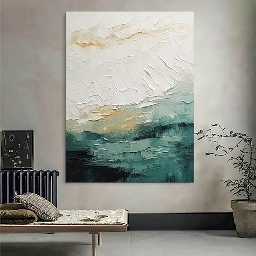 Handgemalte abstrakte Farbwellen-Gemälde, Wandbilder für Wohnzimmer, Schlafzimmer, Gang, friedliches Bild, Leinwandkunst und Meereswellen-Landschaft, grüne Malerei, Heimdekoration Image