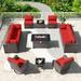 Gotland 13PCS Outdoor PE Rattan Wicker Patio Furniture Set with 43 Fire Pit Table & Swivel Rocking Chairs Set Red